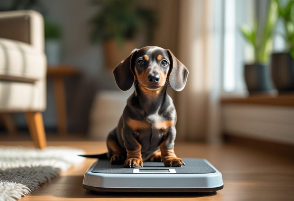 Dachshund puppy sitting on a digital scale during a weight check at home.