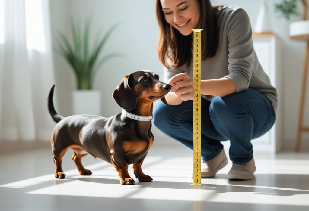 Owner measuring a dachshund’s height with a tape measure indoors.