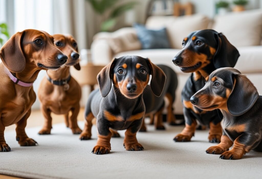 Family playing with dachshund puppies and adult dogs at different growth stages.