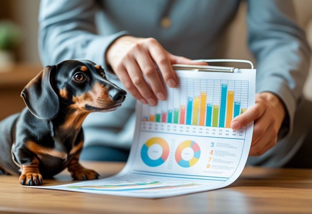 Owner tracking dachshund weight using a printed growth chart at home.