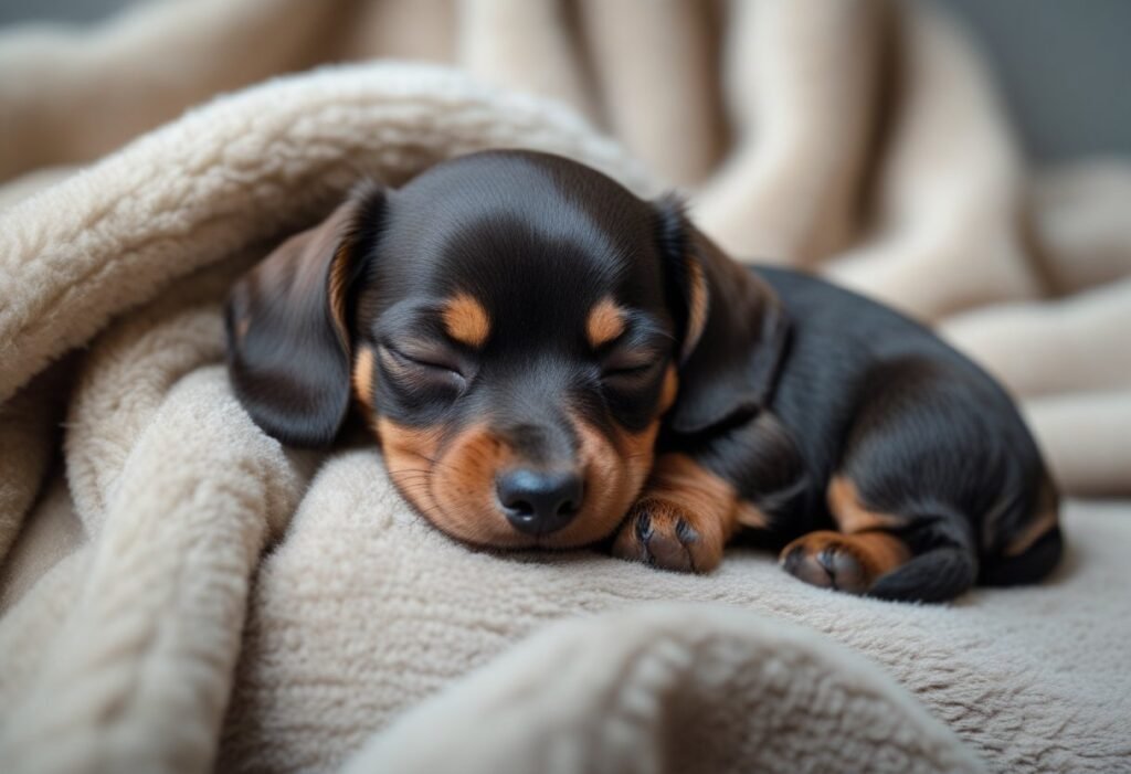 Small dachshund puppy sleeping curled up on a soft, cozy blanket.