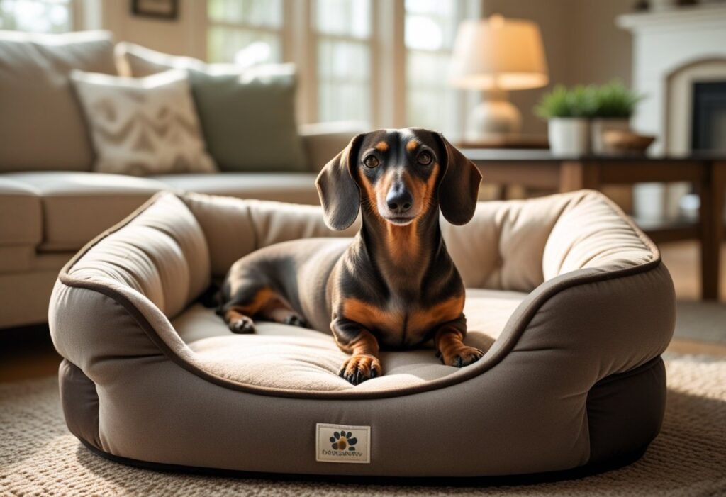 Senior Dachshund resting on a cozy orthopedic dog bed for joint comfort.