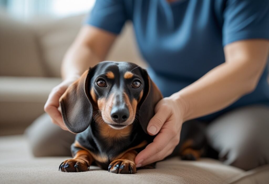 Owner gently massaging Dachshund’s legs to relieve arthritis pain.