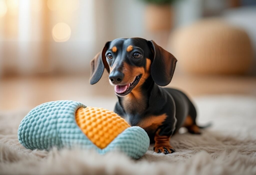 Happy Dachshund playing with a low-impact toy indoors.