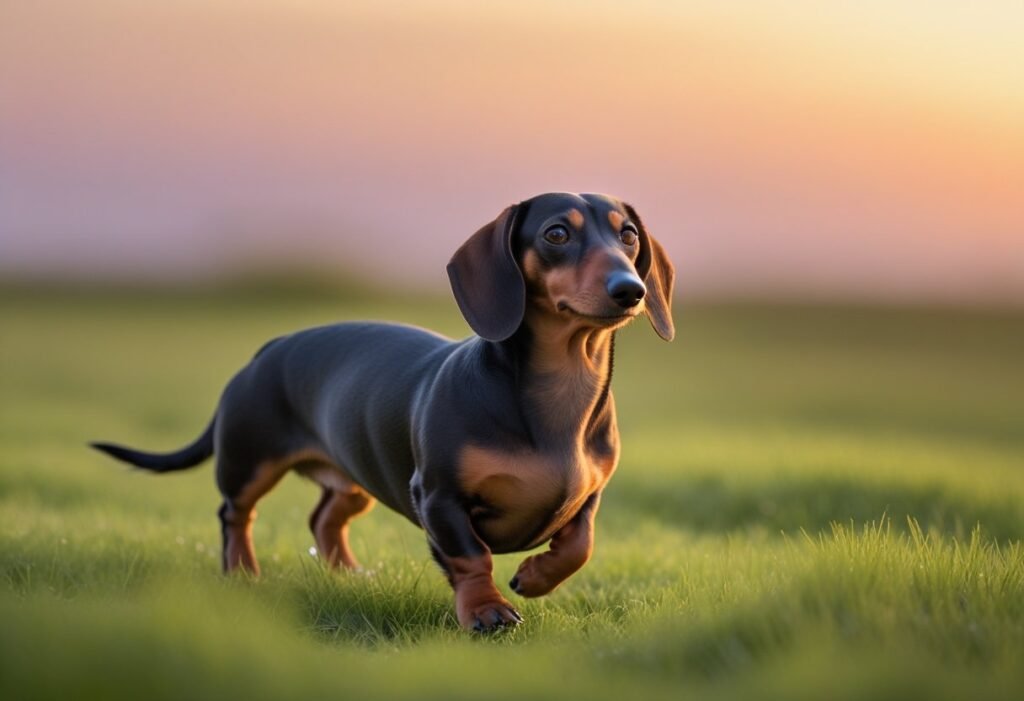 Dachshund walking slowly on soft grass during gentle exercise.