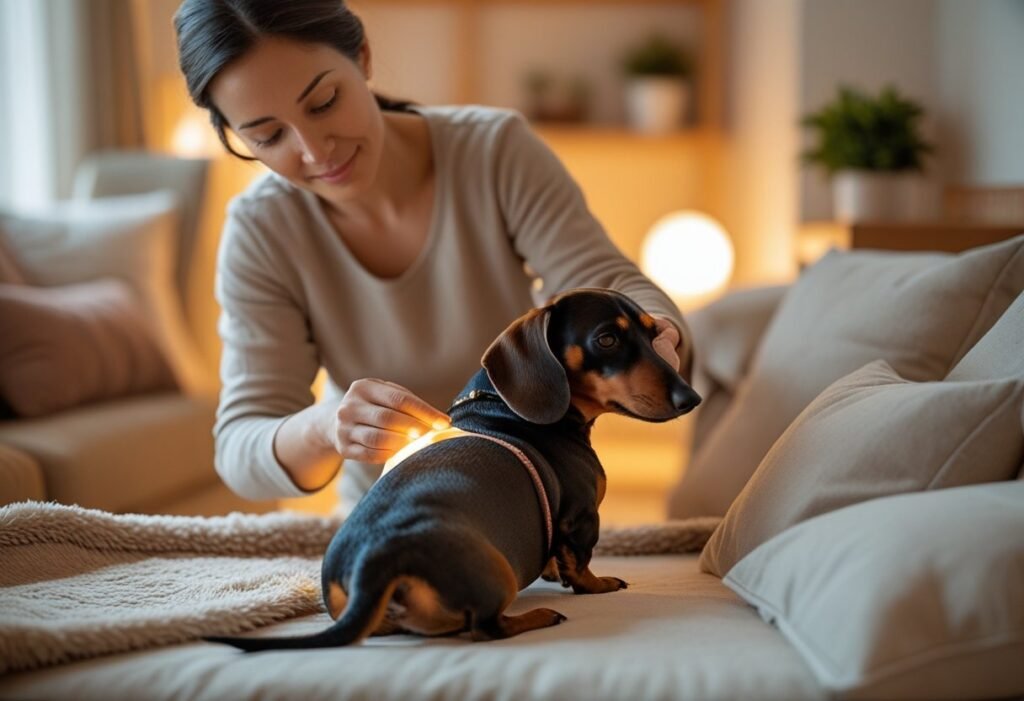 Owner applying warm compress to Dachshund’s hip for arthritis relief.