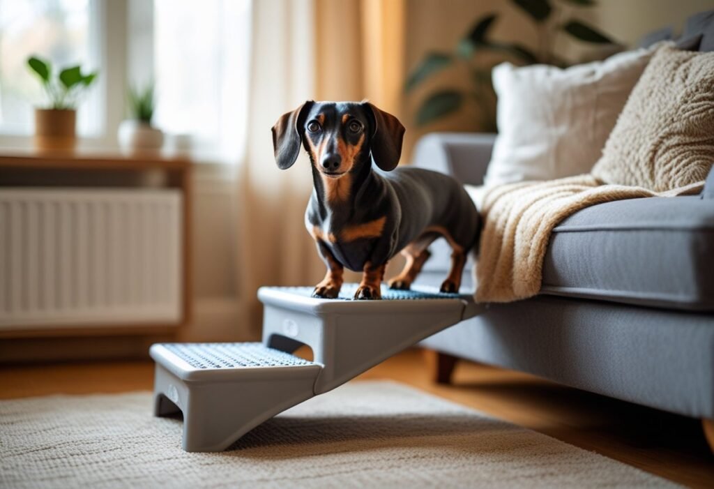 Dachshund using pet stairs to safely climb onto a couch or bed.