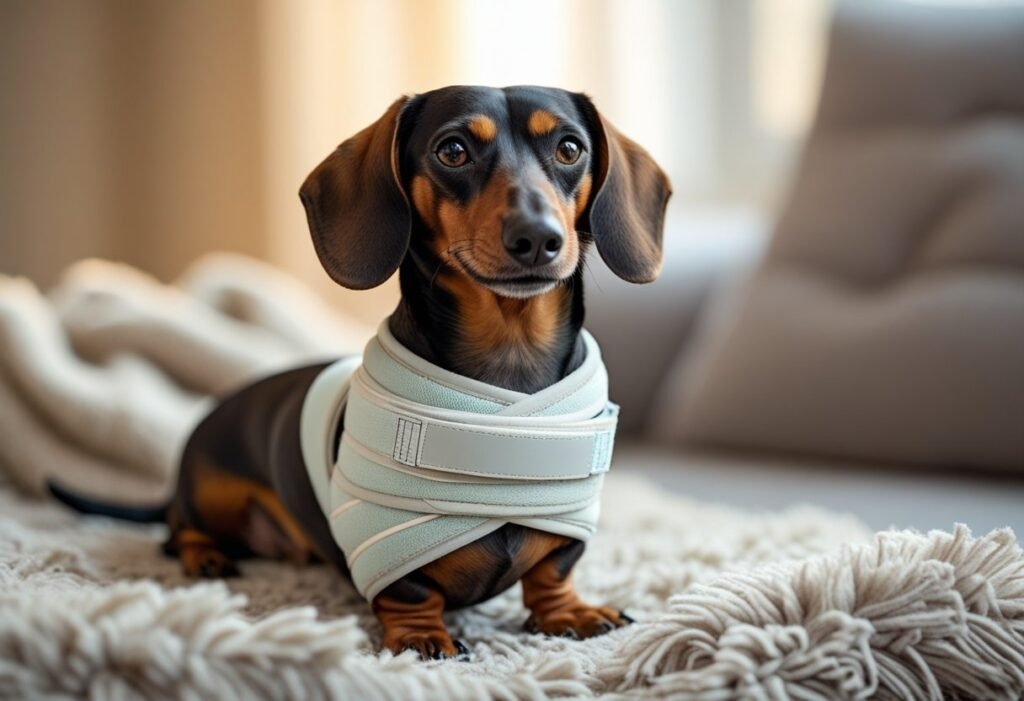 Dachshund wearing a soft joint support wrap indoors.