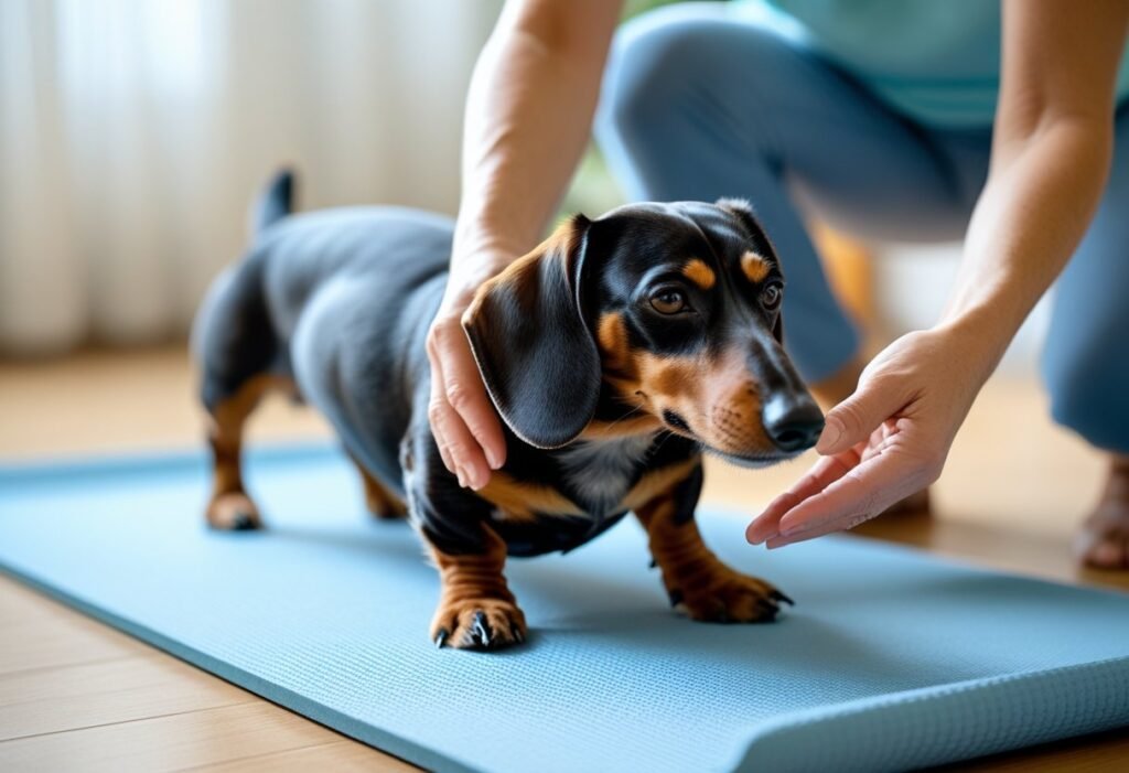 Dachshund doing gentle therapy exercises with owner on soft mat.