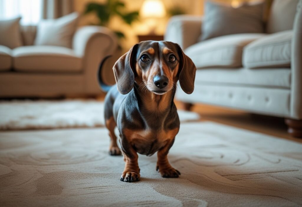 Senior dachshund looking confused and disoriented indoors, early signs of dachshund dementia.