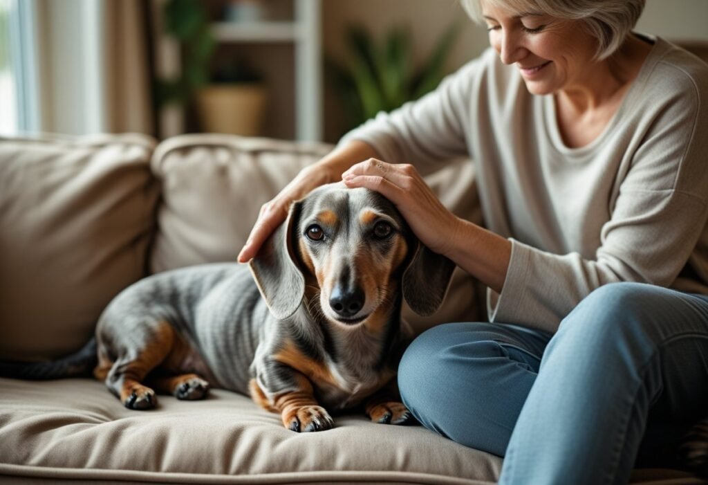 Owner comforting senior dachshund showing signs of dementia, gentle and loving care moment.