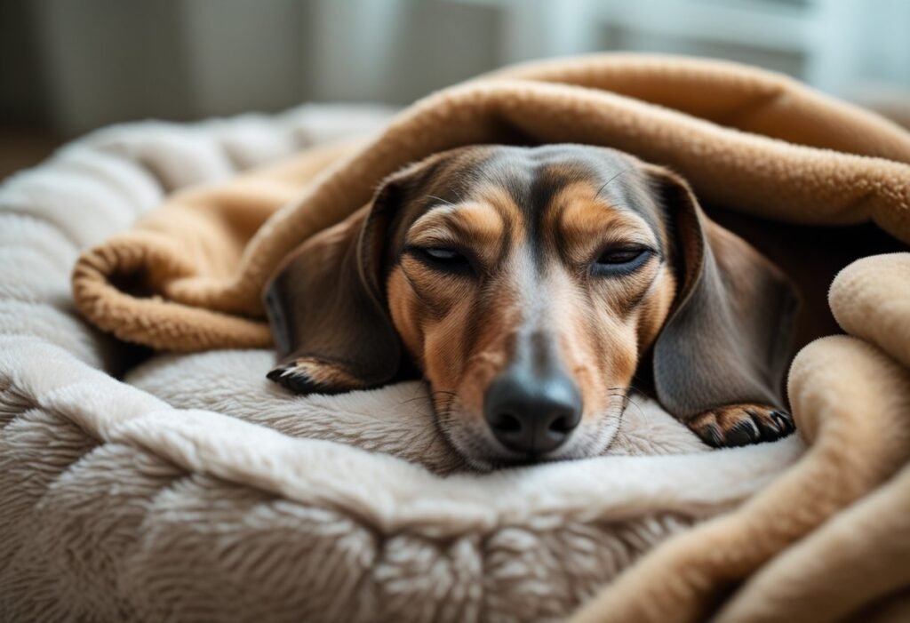 Older dachshund sleeping peacefully in soft bed, comfortable care for dementia support.