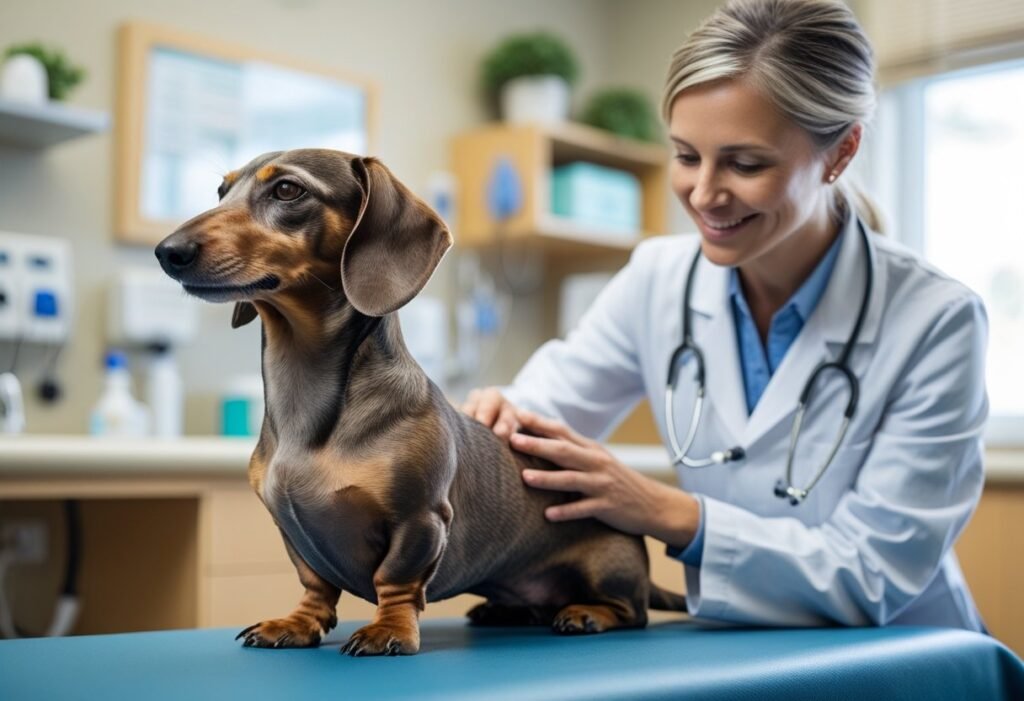 Veterinarian examining a senior dachshund for dementia symptoms and health concerns.