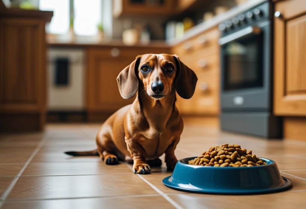 Senior dachshund sitting near food bowl, showing appetite changes linked to dementia.