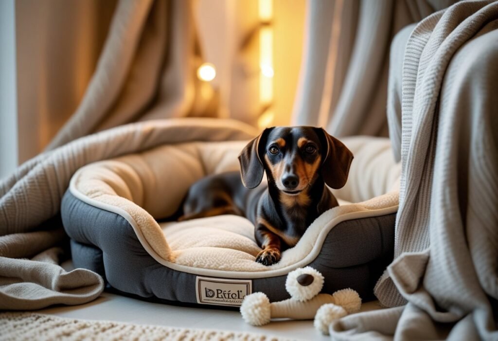 Cozy corner with dog bed and toys designed for senior dachshund comfort and dementia care.