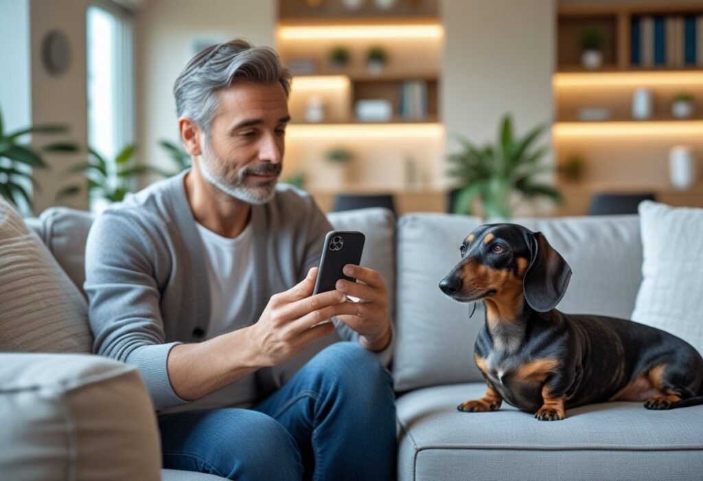 Owner using pet camera to monitor senior dachshund with dementia when left alone at home.