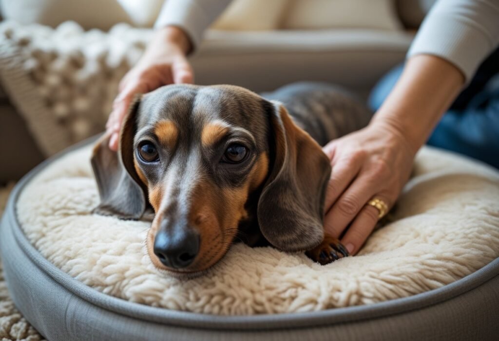 Senior dachshund resting on a bed with owner providing comfort and care for dementia.