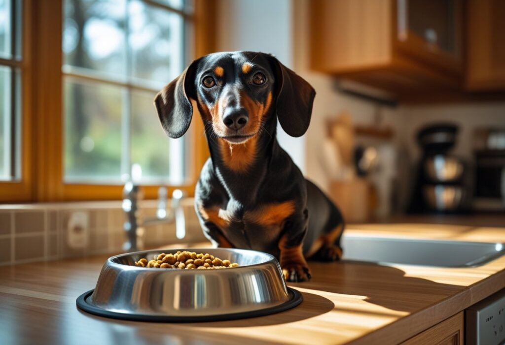 Dachshund growling while guarding its food bowl at home.