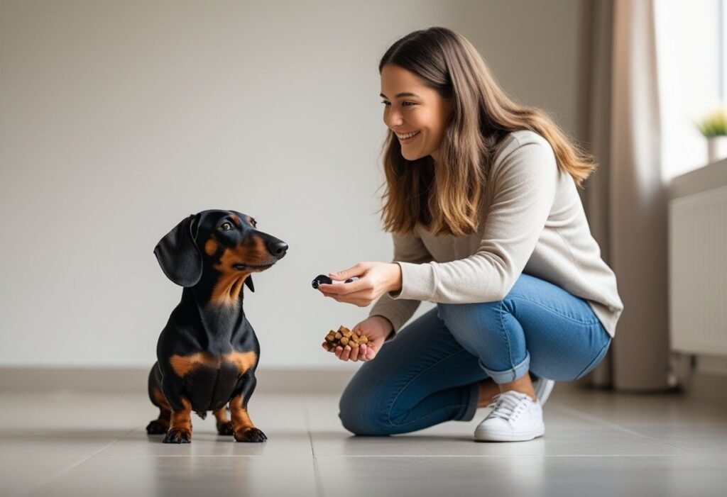 Owner using clicker and treats to stop Dachshund resource guarding.