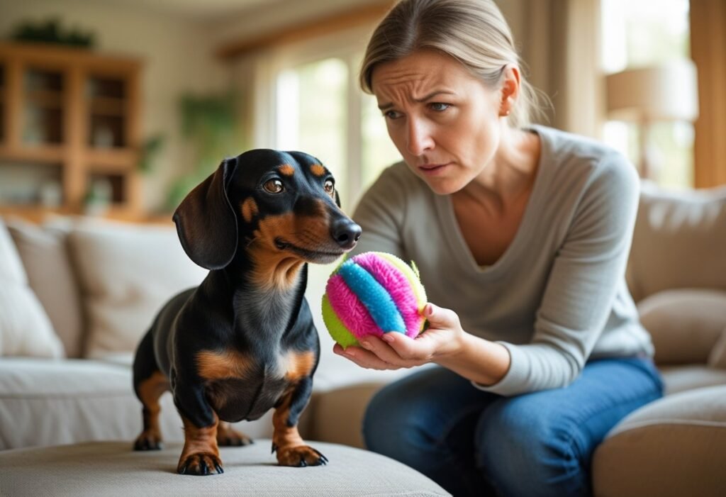 Owner reaching for toy as Dachshund guards it defensively.