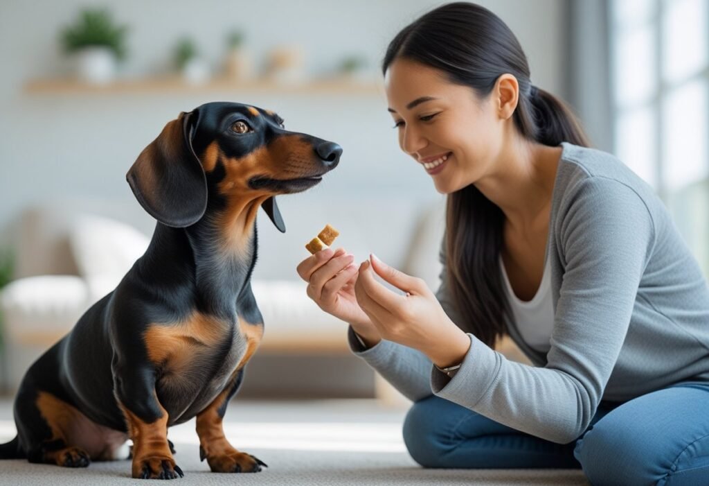 Dachshund being trained with treats using positive reinforcement.
