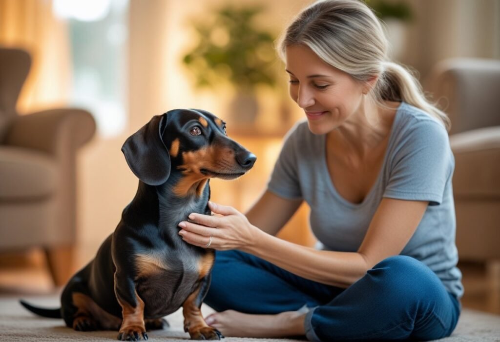 Owner petting relaxed Dachshund, building trust and security.