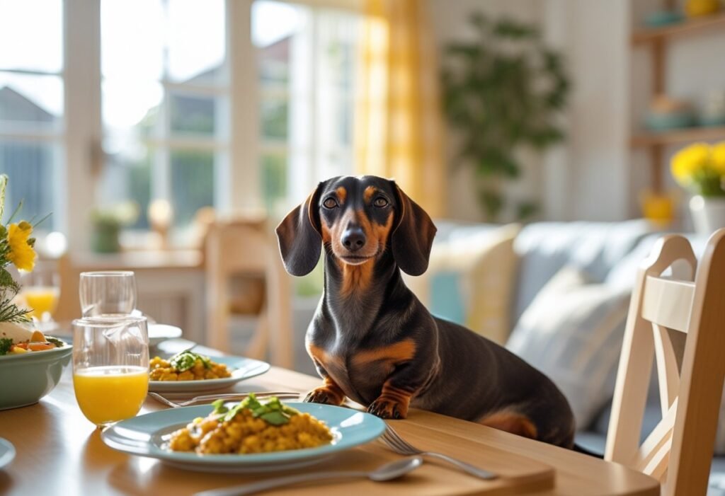 Dachshund sitting calmly at mealtime without guarding behavior.
