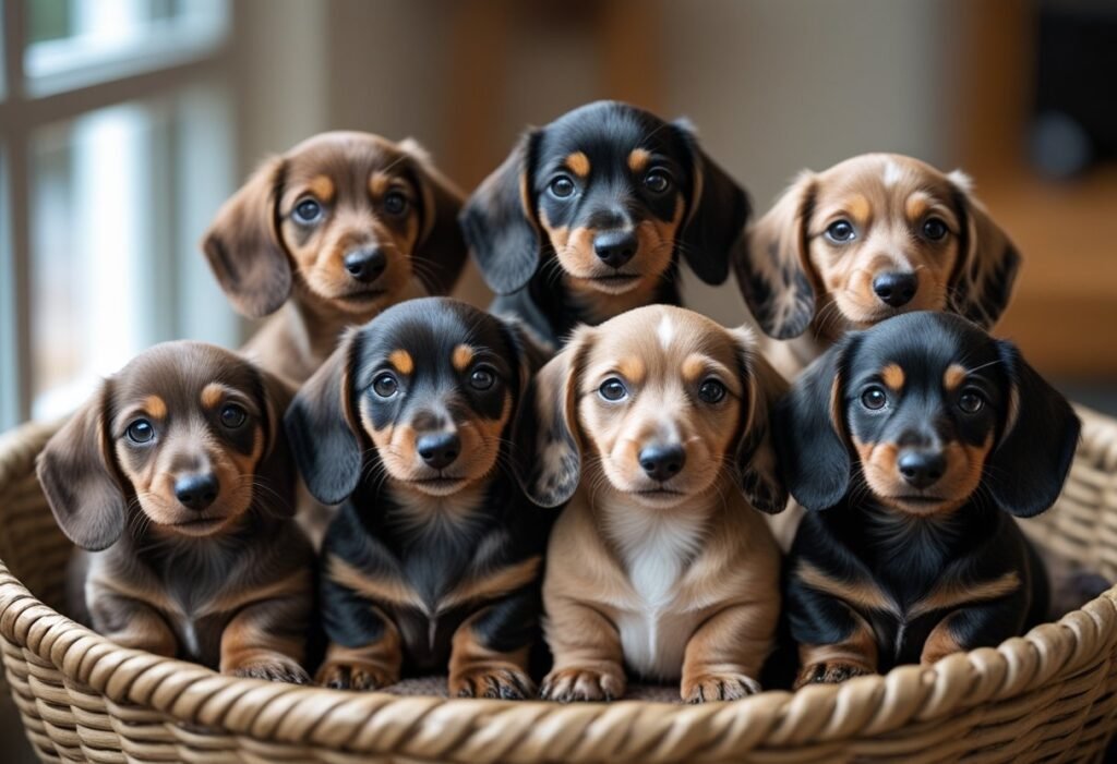 Choosing a Dachshund Puppy from a playful litter of different coat types and colors sitting together in a cozy basket.