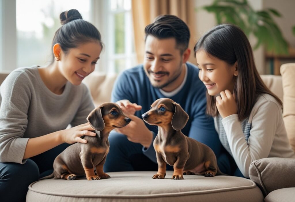 Family carefully choosing a Dachshund puppy while comparing two adorable pups in a warm and cozy home setting.