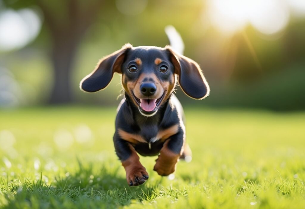 Choosing a Dachshund Puppy based on energy level as a playful puppy runs happily outside on a sunny day