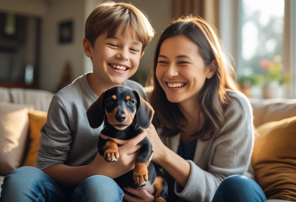 "Family bonding moment with a Dachshund puppy to find the right fit when choosing a Dachshund puppy for their home.