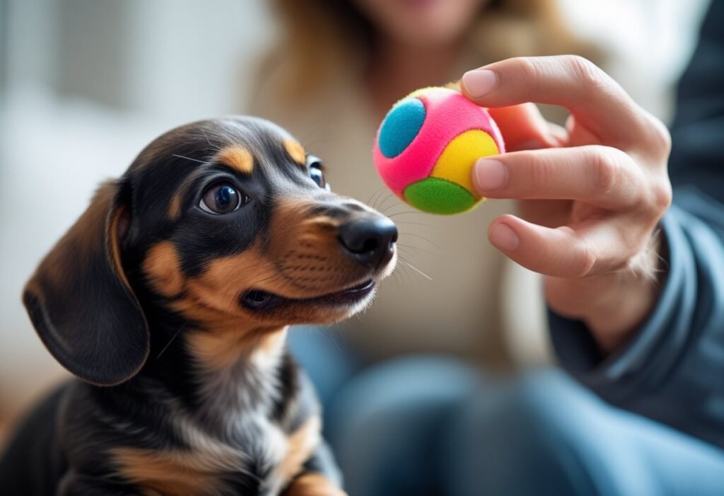 Testing temperament and social skills while choosing a Dachshund puppy using gentle play and interaction.