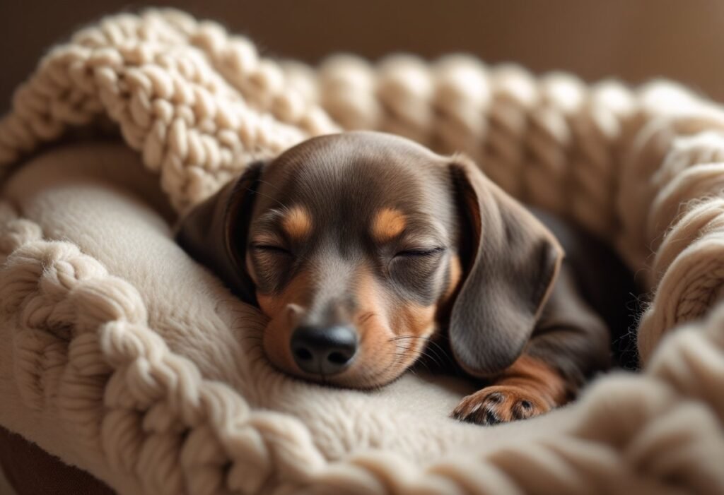 Peaceful Dachshund puppy sleeping in a cozy bed, highlighting comfort and health when choosing a Dachshund puppy.