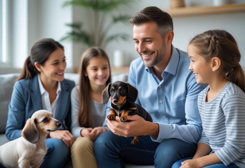 Talking with a reputable breeder while choosing a Dachshund puppy to ensure good health and temperament.