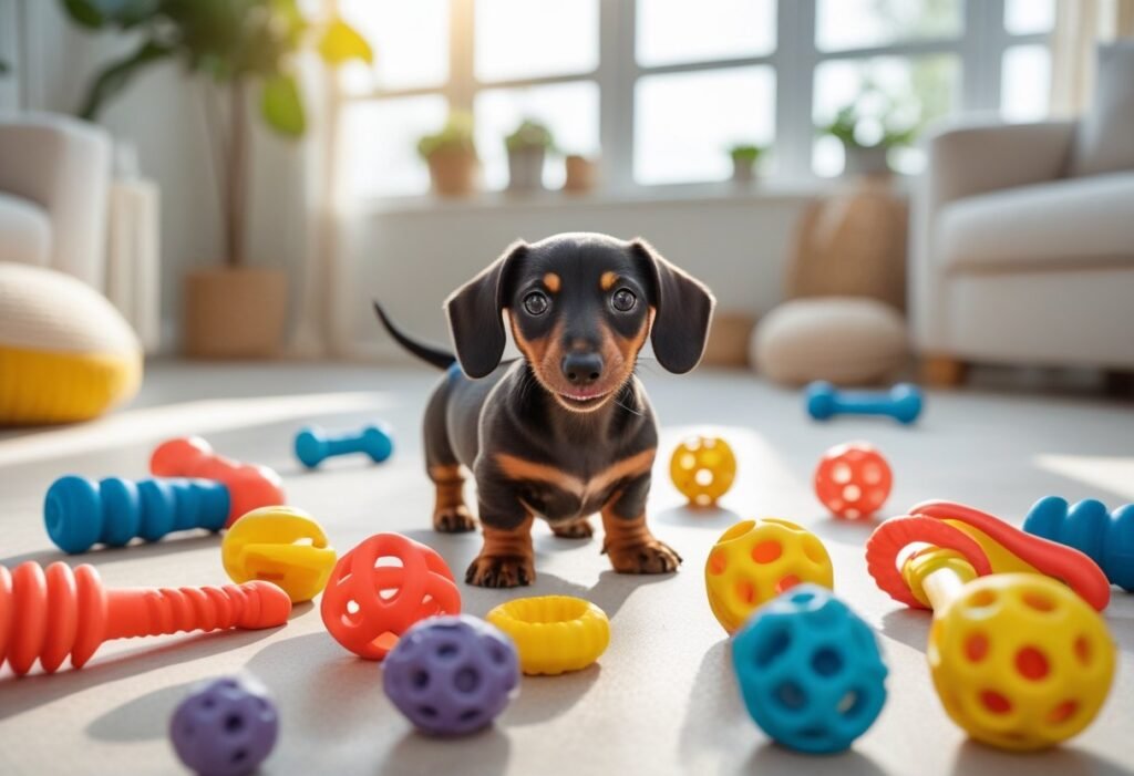 Playful Dachshund puppy with safe chew toys, showing activity level important when choosing a Dachshund puppy.