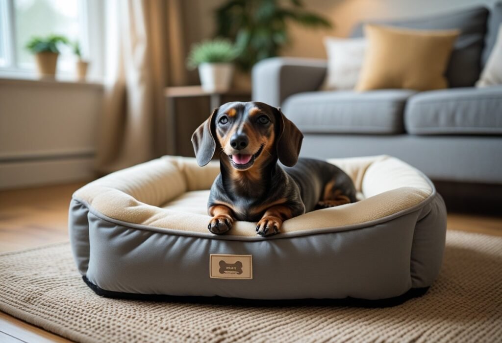 Senior Dachshund resting on an orthopedic dog bed to support comfort and health.