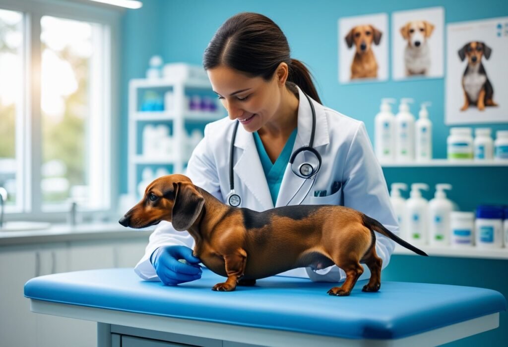 Veterinarian examining Dachshund during a routine checkup for preventive care.