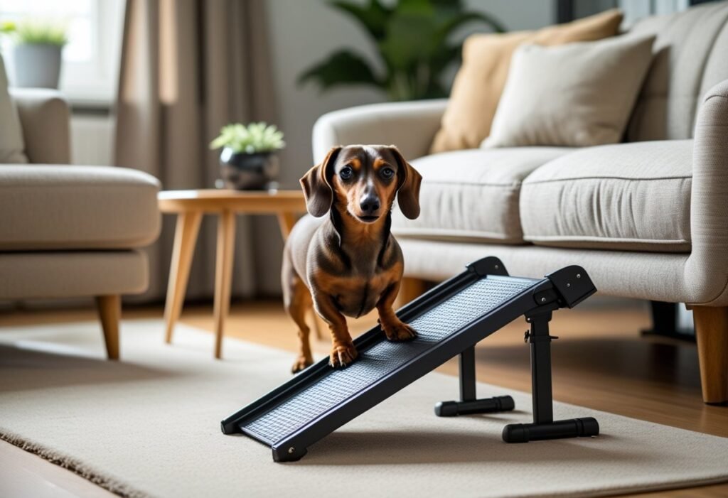 Dachshund using a ramp to prevent back injuries and extend Dachshund life expectancy.