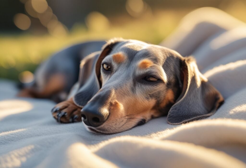 Older Dachshund with gray muzzle resting peacefully in the sunlight.
