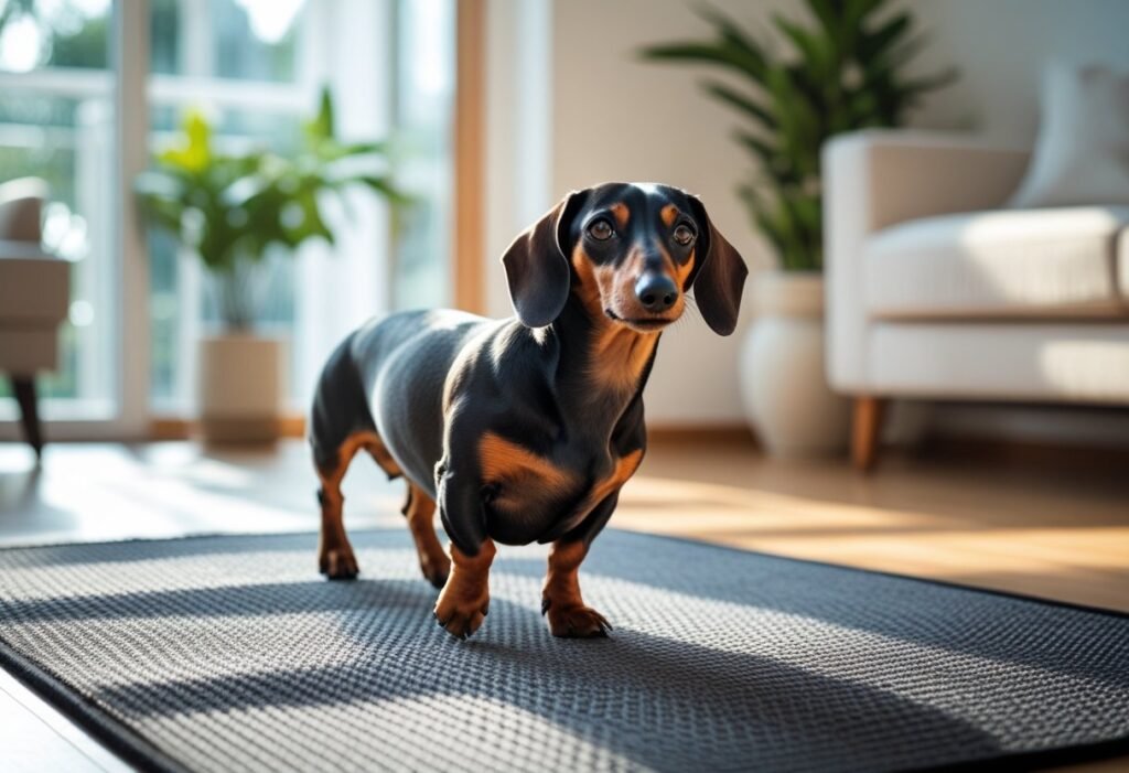 Dachshund walking safely on a non-slip rug to protect joints and spine.