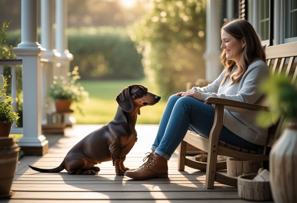 Dachshund and owner sitting together peacefully, showing love and Dachshund life expectancy care.