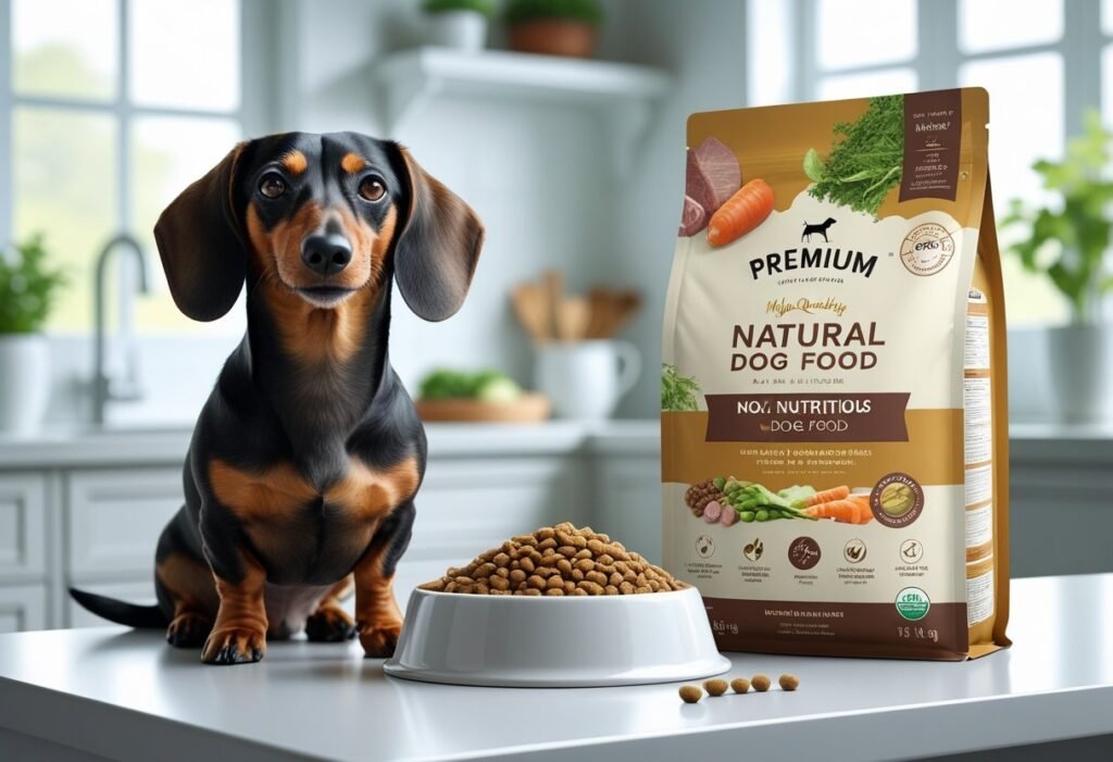 A happy Dachshund sitting next to a bowl of dog food and a package of natural dog food in a bright kitchen.