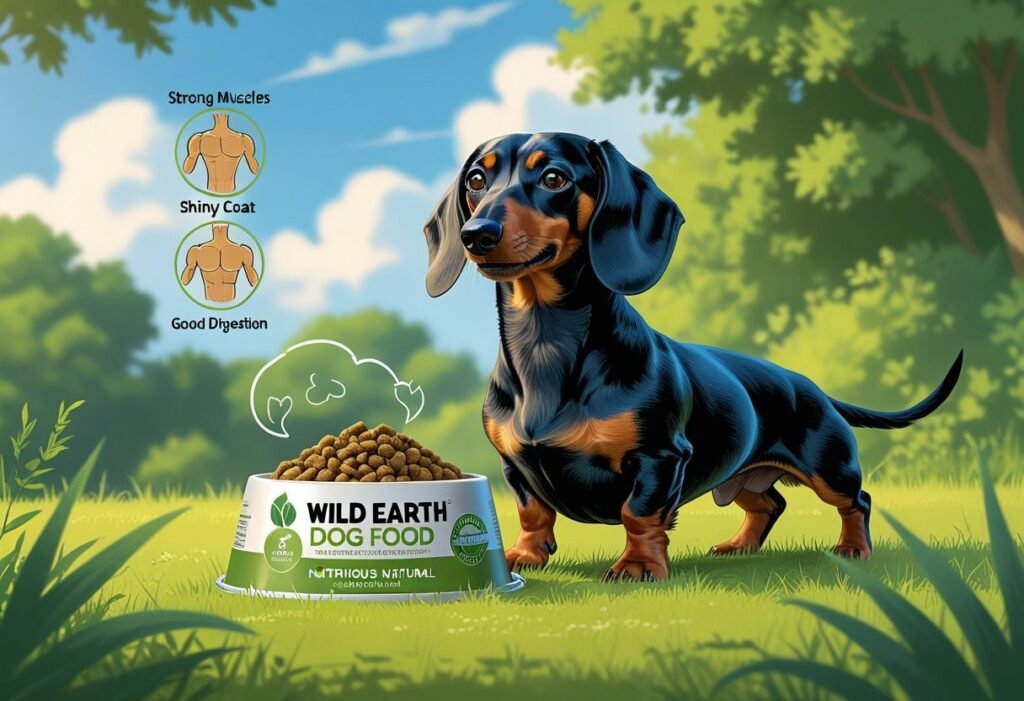 A healthy Dachshund dog outdoors near a bowl of dog food, surrounded by symbols representing strength, shiny fur, and good digestion.