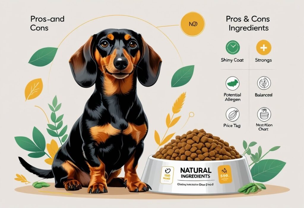 A healthy Dachshund sitting next to a bowl of dog food with symbols representing benefits and drawbacks of the food around them.