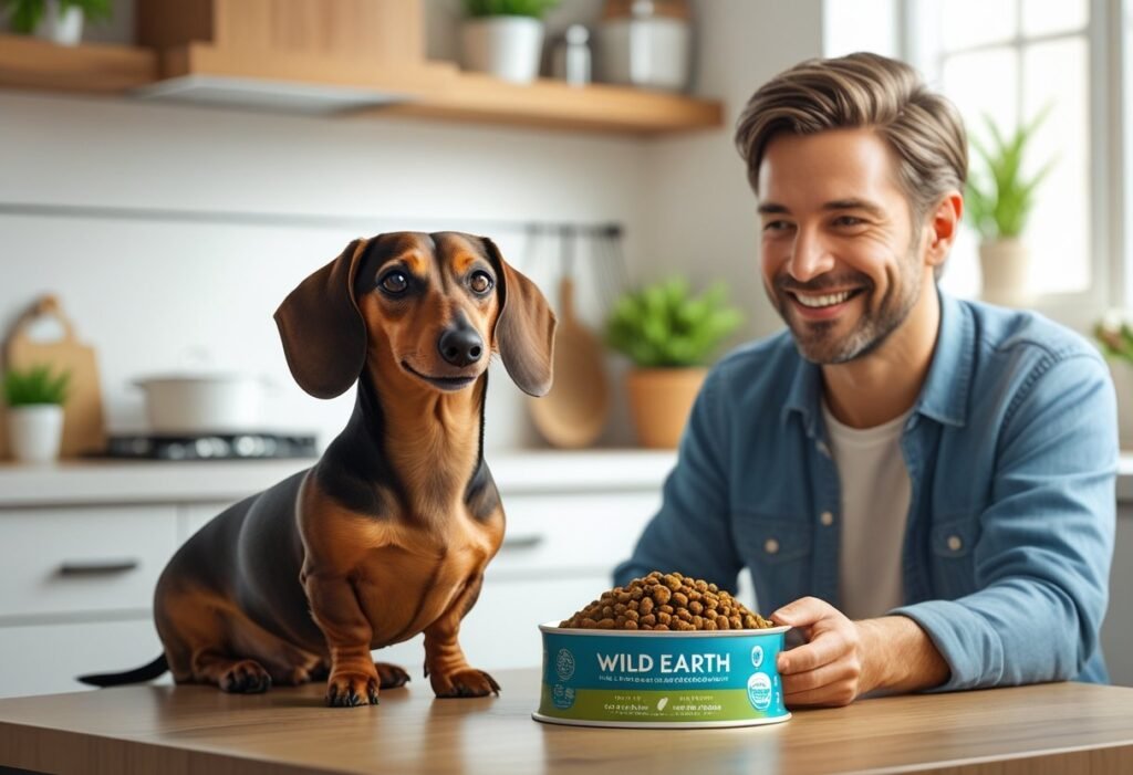 A dachshund sitting next to its owner in a kitchen, with the owner holding a bowl of dog food while smiling at the dog.