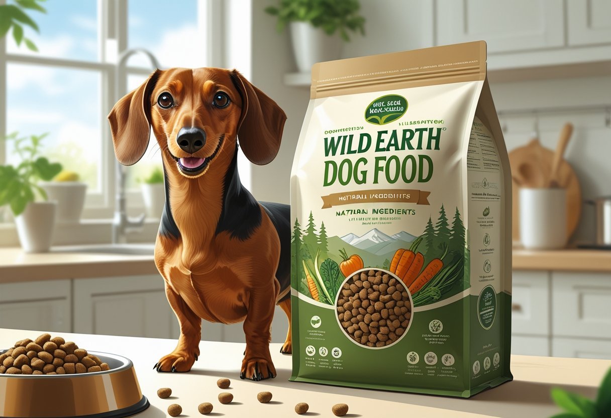 A happy Dachshund dog standing next to a bag of dog food in a bright kitchen with a food bowl and plants nearby.