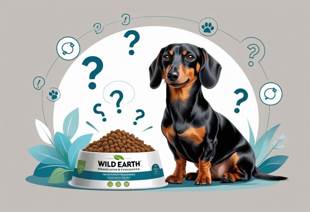 A healthy Dachshund sitting next to a bowl of dog food with icons representing questions and answers around them.