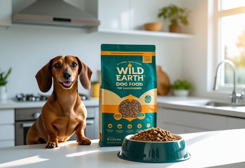 Happy Dachshund sitting beside a Wild Earth dog food bag and bowl in a bright kitchen with text overlay for review.