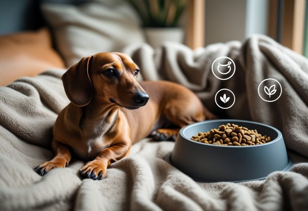 Dachshund relaxing on a blanket with a bowl of Wild Earth dog food, representing improved digestion and comfort