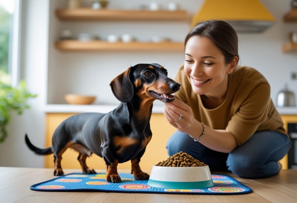 Dachshund owner feeding Wild Earth dog food to their happy dog in a cozy home kitchen